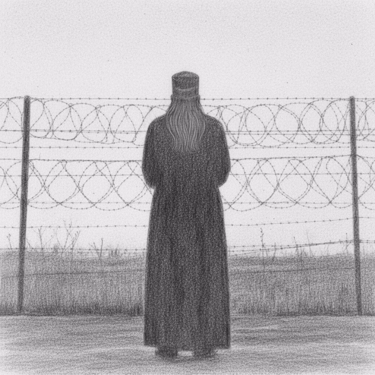 Sketch of an imprisoned priest, looking out beyond the barbed wire fence that detains him.