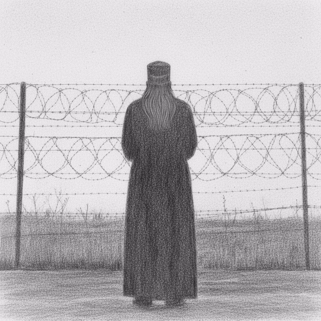 Sketch of an imprisoned priest, looking out beyond the barbed wire fence that detains him.