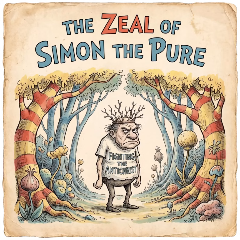 A mock book cover for a Dr. Seuss style book titled "The Zeal of Simon the Pure," featuring a grumpy old man wearing a crown of twigs wearing a t-shirt saying "FIGHTING THE ANTICHRIST."