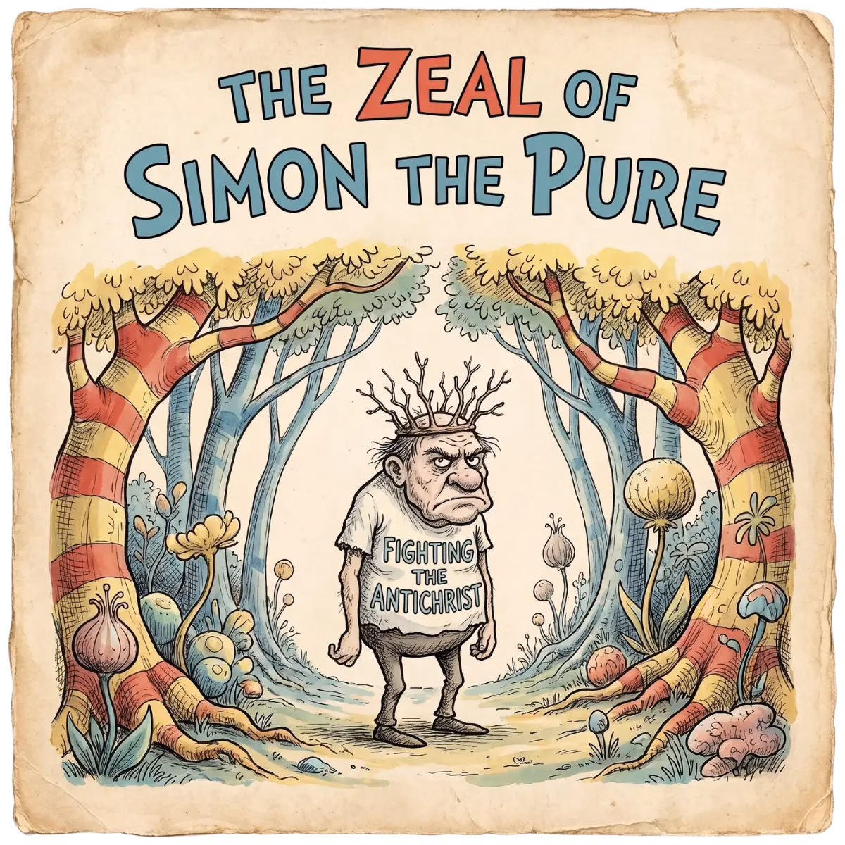 A mock book cover for a Dr. Seuss style book titled "The Zeal of Simon the Pure," featuring a grumpy old man wearing a crown of twigs wearing a t-shirt saying "FIGHTING THE ANTICHRIST."