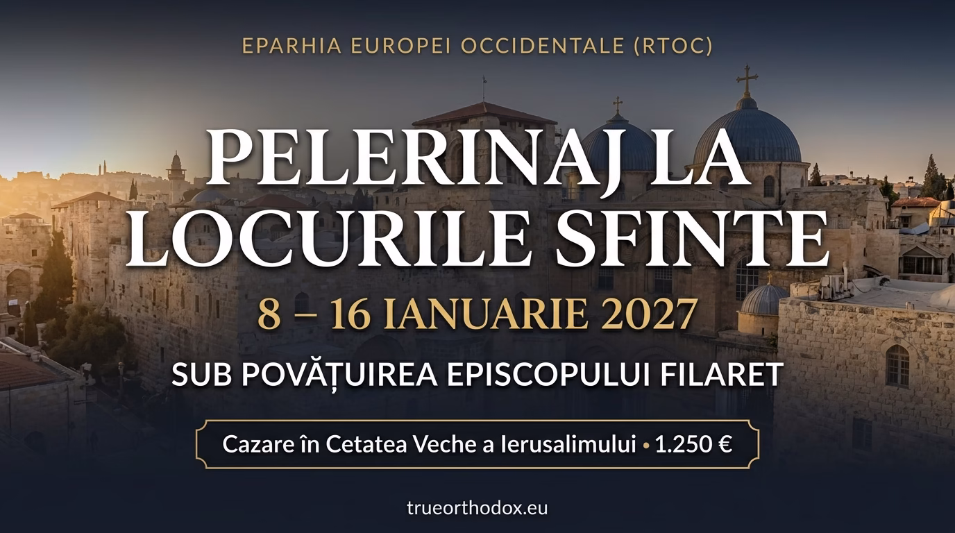 Bannerul oficial al pelerinajului în Țara Sfântă (8–16 ianuarie 2027) organizat de Eparhia Europei Occidentale a RTOC, sub povățuirea Episcopului Filaret, cu vedere spre Cetatea Veche a Ierusalimului.